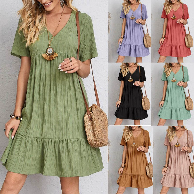 ID:21647 - Casual short-sleeved belted flowy dress